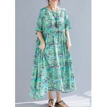 Organic green print linen Wardrobes Vintage design o neck Cinched Robe Summer Dresses