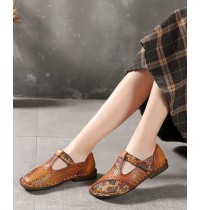 Genuine Leather Brown Flat Shoes Embossed Flats