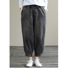 Modern Spring Wide Leg Pants Trendy Plus Size Denim Gray Sewing Elastic Waist Pockets Jeans
