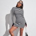 European and American foreign trade women's sexy slim dress Simple long sleeve round neck slim black and white strip dress Summer