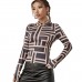 European and American cross-border pullover half high collar long sleeve top slim sexy base coat geometric pattern printed women's T-shirt