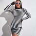European and American foreign trade women's sexy slim dress Simple long sleeve round neck slim black and white strip dress Summer
