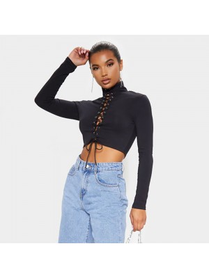 European and American cross-border foreign trade tight fitting front bandage women's summer bottoming shirt with exposed navel and slim fitting bottoming women