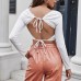 European and American cross-border women's dress backless lace up long sleeved T-shirt navel exposed knitwear lace peach collar sexy solid color vest