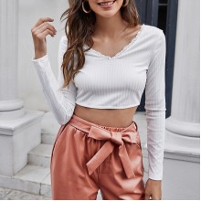 European and American cross-border women's dress backless lace up long sleeved T-shirt navel exposed knitwear lace peach collar sexy solid color vest