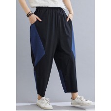 Elegant Navy Patchwork Elastic Waist Radish trousers Pants Summer Cotton Linen