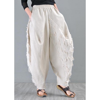 Plus Size Beige Pockets Cotton Linen Radish trousers Pants Summer