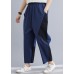 Elegant Navy Patchwork Elastic Waist Radish trousers Pants Summer Cotton Linen